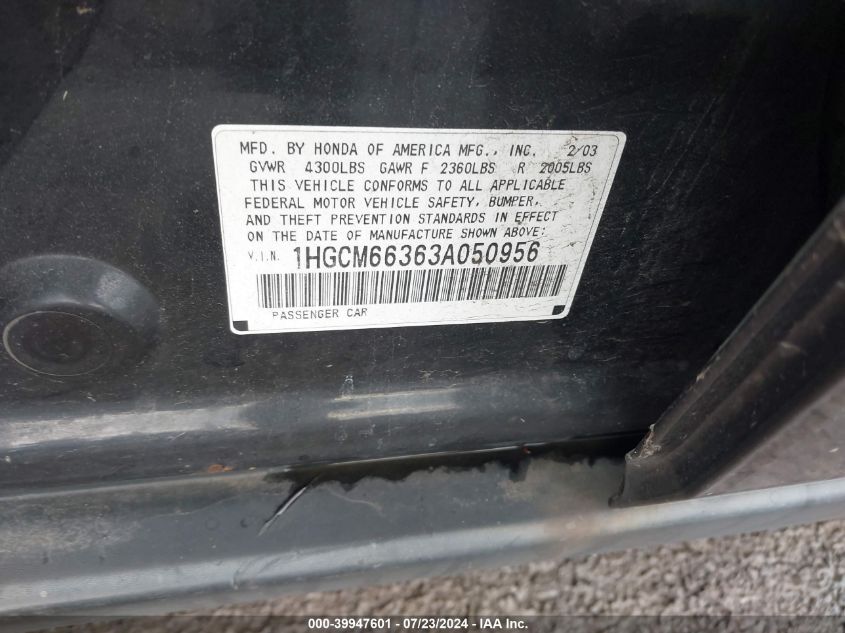 1HGCM66363A050956 | 2003 HONDA ACCORD