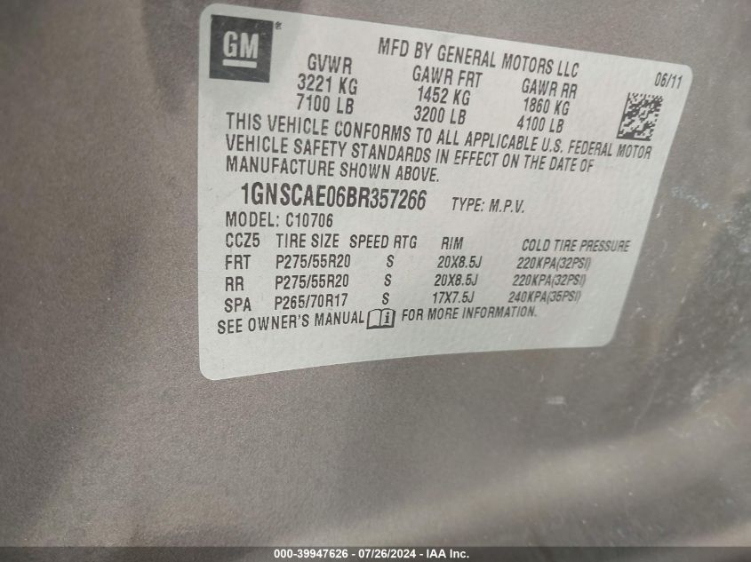 2011 Chevrolet Tahoe C1500 Ls VIN: 1GNSCAE06BR357266 Lot: 39947626