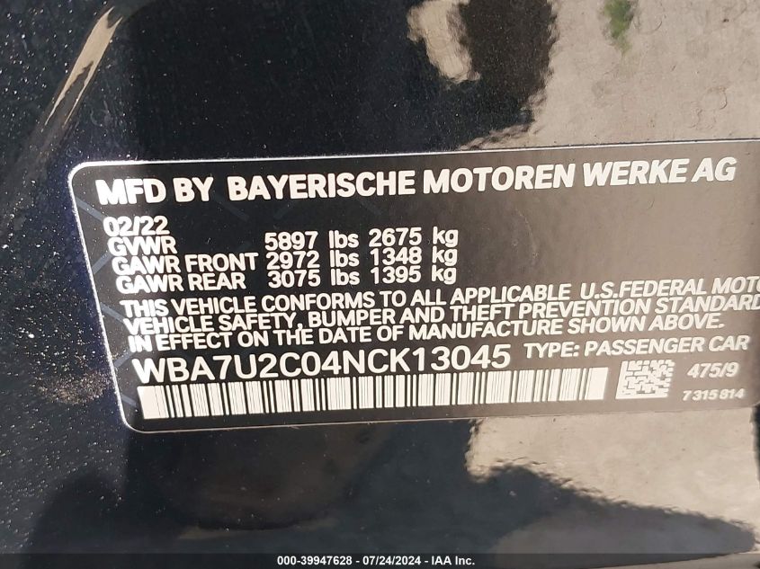 2022 BMW 750 I xDrive VIN: WBA7U2C04NCK13045 Lot: 39947628