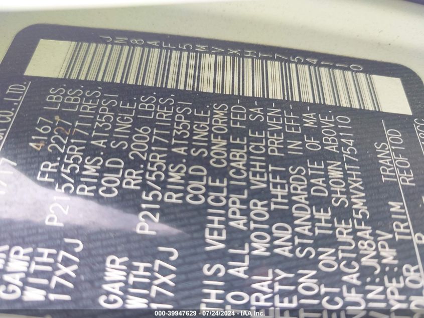 2017 Nissan Juke Sv VIN: JN8AF5MVXHT754110 Lot: 39947629