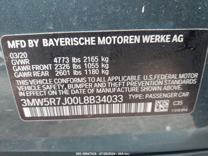 2020 BMW 330I xDrive VIN: 3MW5R7J00L8B34033 Lot: 39947635