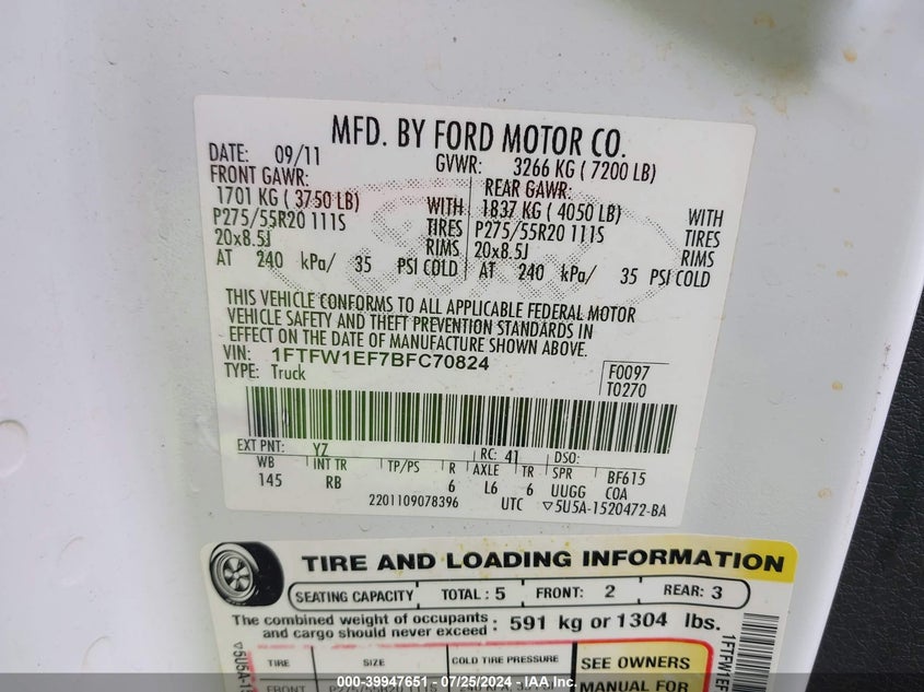 2011 Ford F-150 Fx4/King Ranch/Lariat/Platinum/Xl/Xlt VIN: 1FTFW1EF7BFC70824 Lot: 39947651