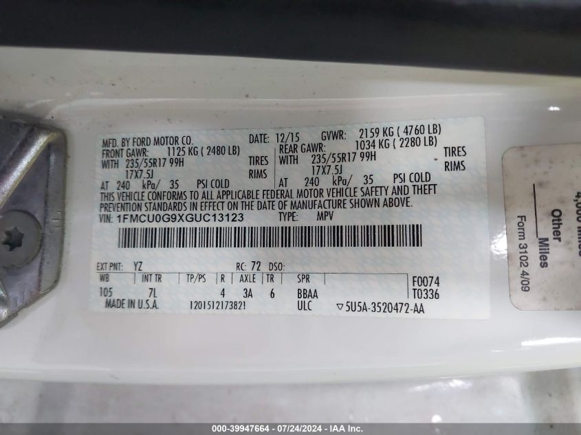 2016 Ford Escape Se VIN: 1FMCU0G9XGUC13123 Lot: 39947664