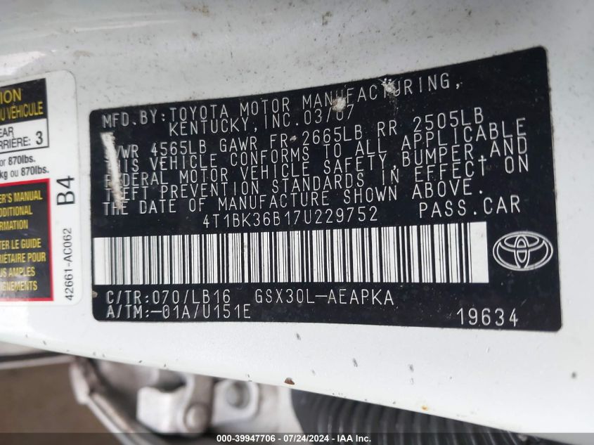 2007 Toyota Avalon Limited/Touring/Xl/Xls VIN: 4T1BK36B17U229752 Lot: 39947706