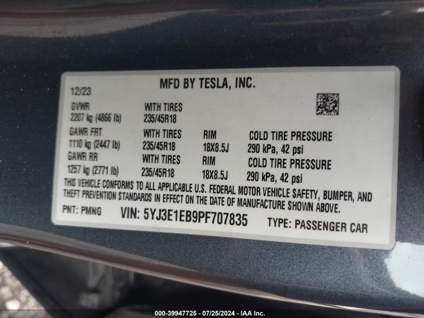 2023 Tesla Model 3 Long Range Dual Motor All-Wheel Drive VIN: 5YJ3E1EB9PF707835 Lot: 39947725