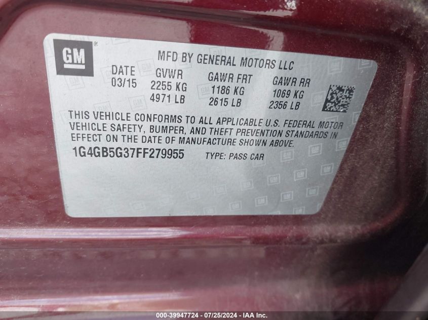 2015 Buick Lacrosse VIN: 1G4GB5G37FF279955 Lot: 39947724