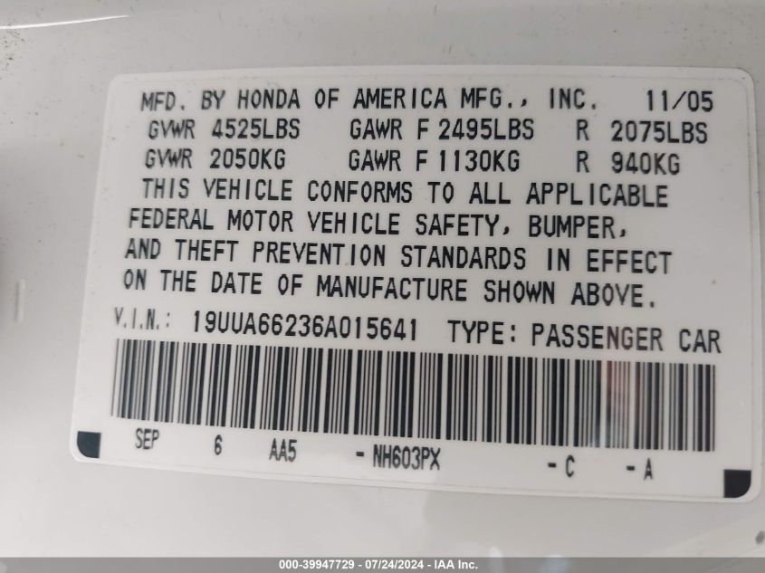 2006 Acura Tl VIN: 19UUA66236A015641 Lot: 39947729