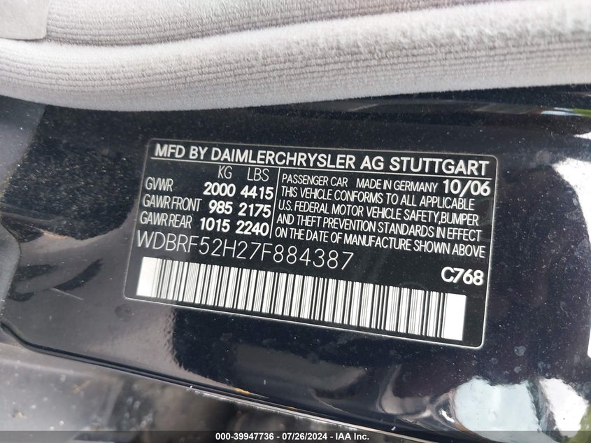 2007 Mercedes-Benz C 230 Sport VIN: WDBRF52H27F884387 Lot: 39947736