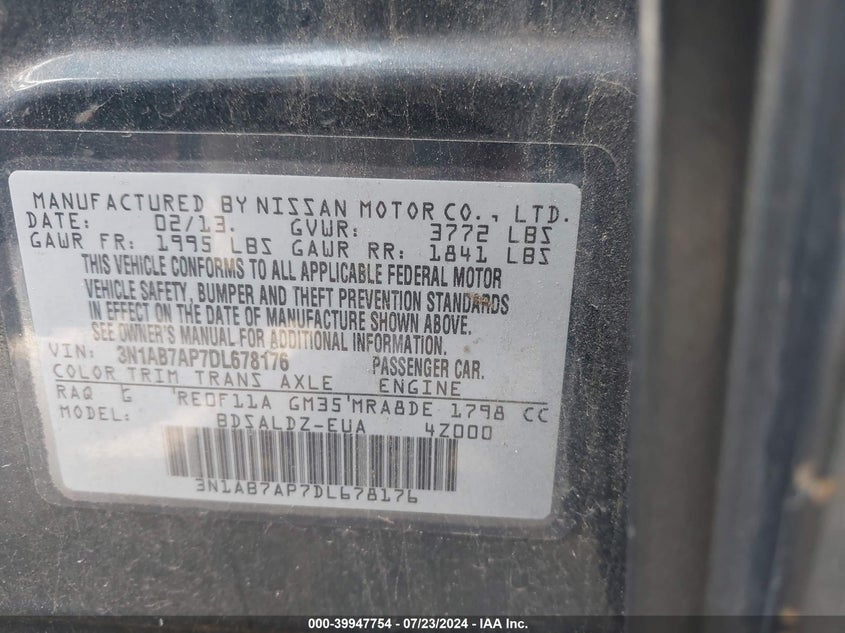 2013 Nissan Sentra Sv VIN: 3N1AB7AP7DL678176 Lot: 39947754