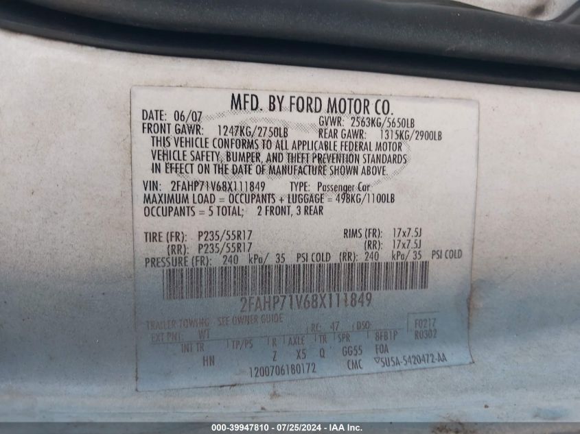 2008 Ford Crown Victoria Police Interceptor VIN: 2FAHP71V68X111849 Lot: 39947810