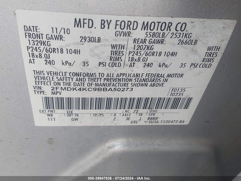 2011 Ford Edge Limited VIN: 2FMDK4KC9BBA50273 Lot: 39947836