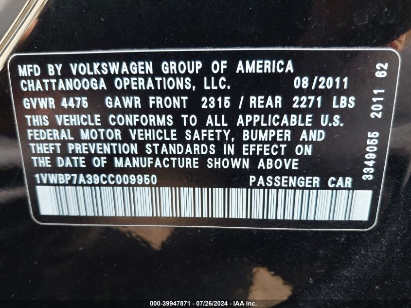 2012 Volkswagen Passat Se VIN: 1VWBP7A39CC009950 Lot: 39947871