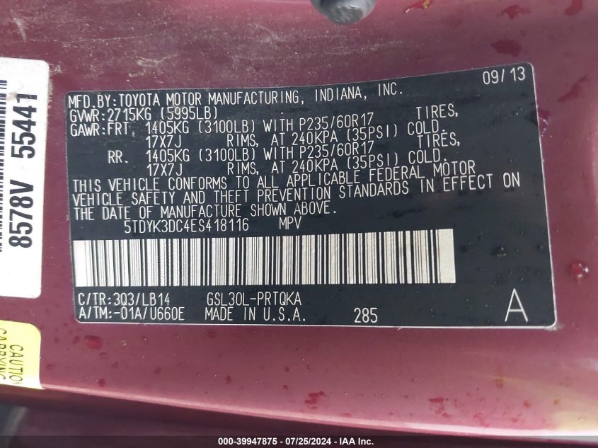 5TDYK3DC4ES418116 2014 Toyota Sienna Xle V6 8 Passenger