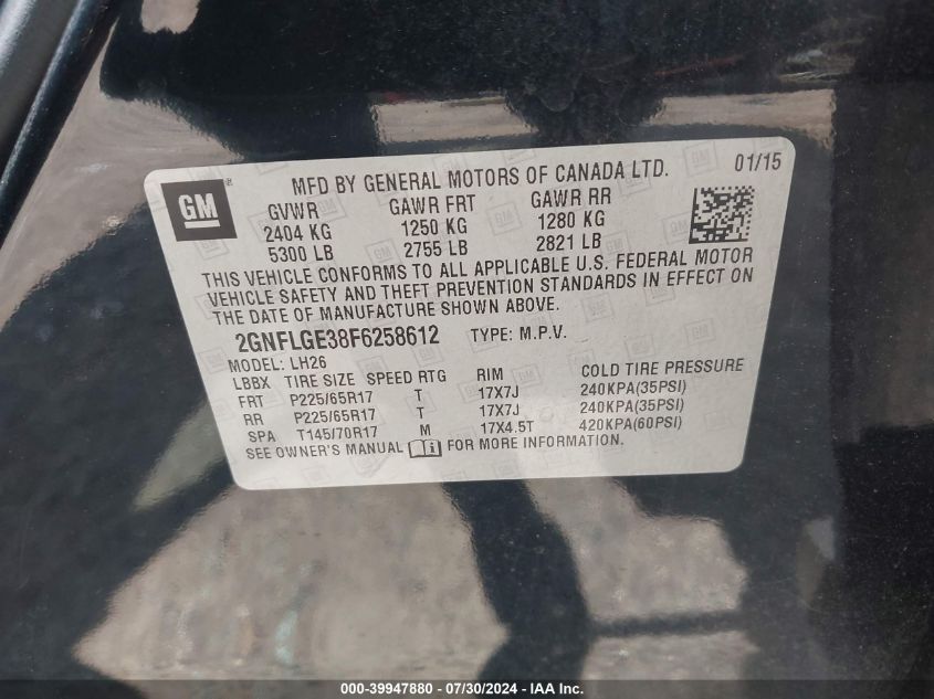 2015 Chevrolet Equinox 2Lt VIN: 2GNFLGE38F6258612 Lot: 39947880