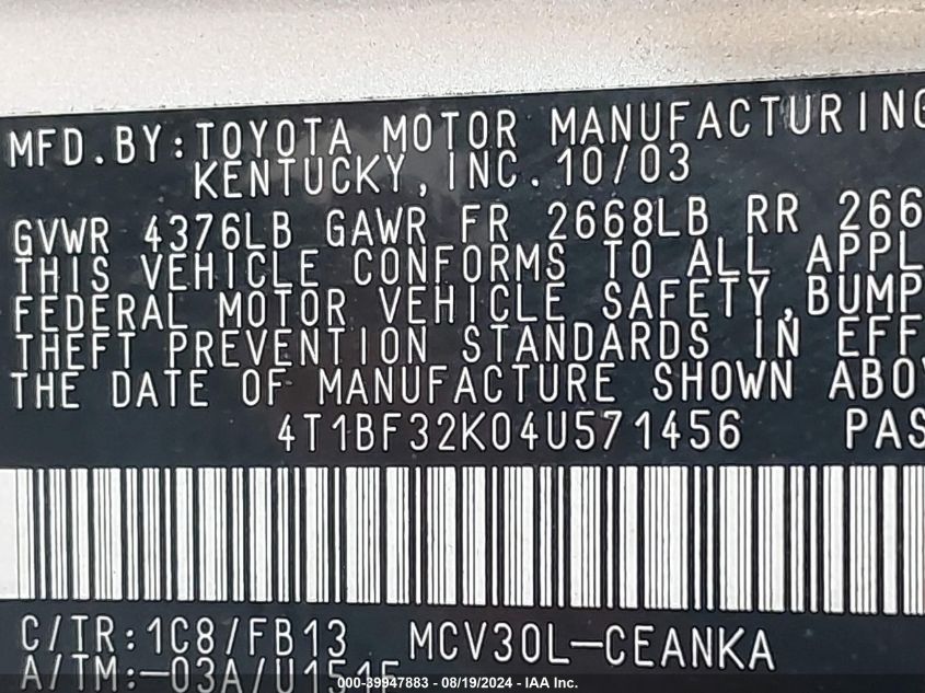 4T1BF32K04U571456 2004 Toyota Camry Le V6