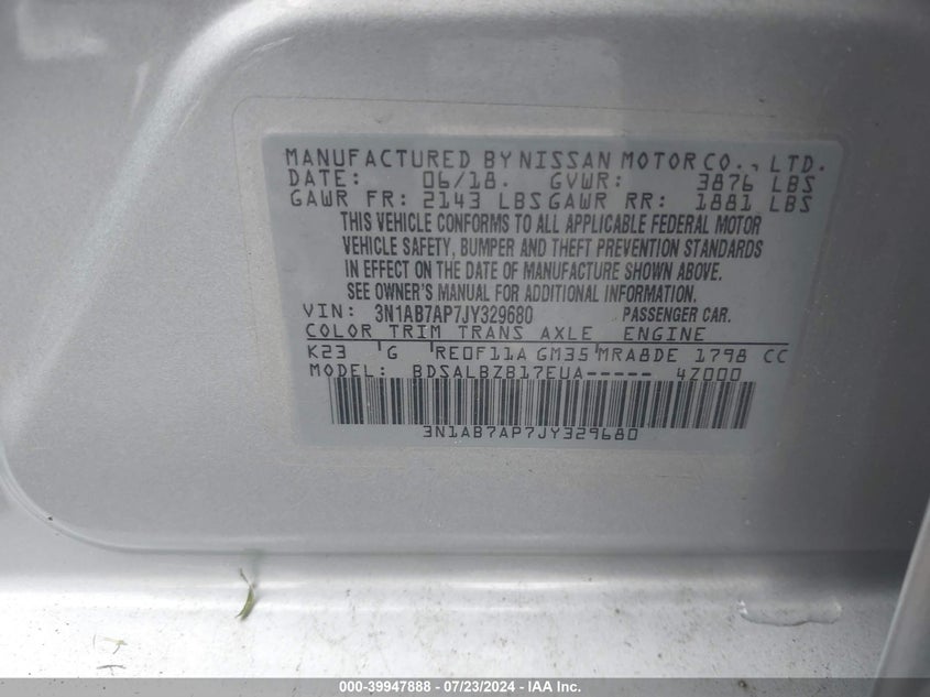 2018 Nissan Sentra S VIN: 3N1AB7AP7JY329680 Lot: 39947888