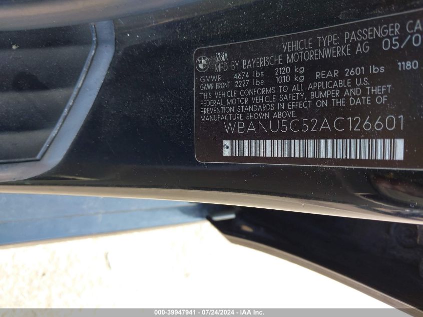 2010 BMW 528I I VIN: WBANU5C52AC126601 Lot: 39947941