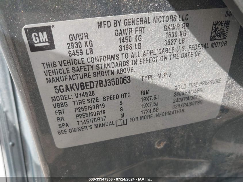 2011 Buick Enclave 1Xl VIN: 5GAKVBED7BJ350063 Lot: 39947956