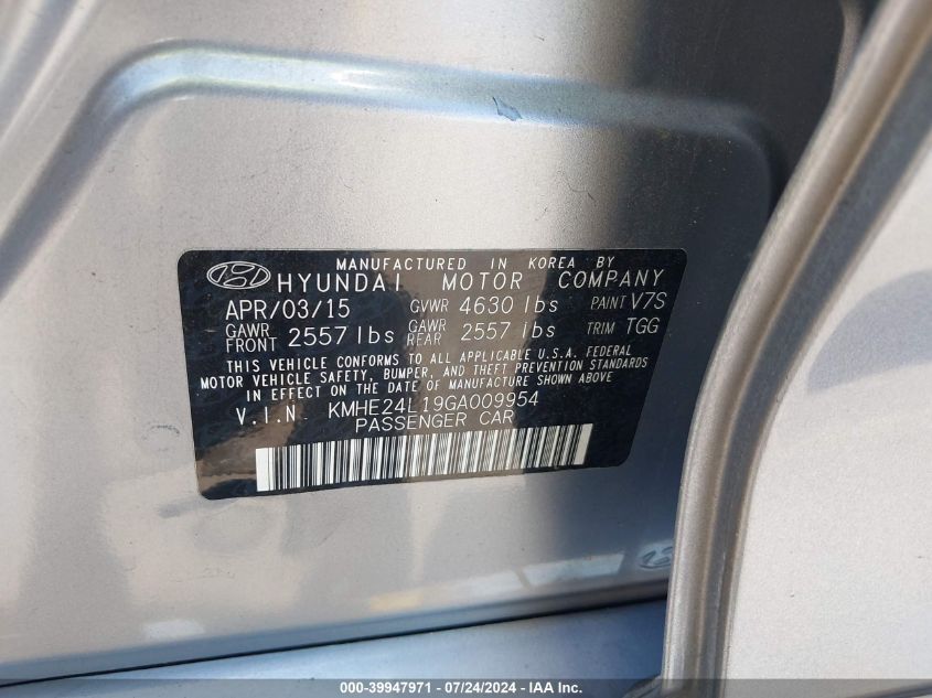 2016 Hyundai Sonata Hybrid Se VIN: KMHE24L19GA009954 Lot: 39947971