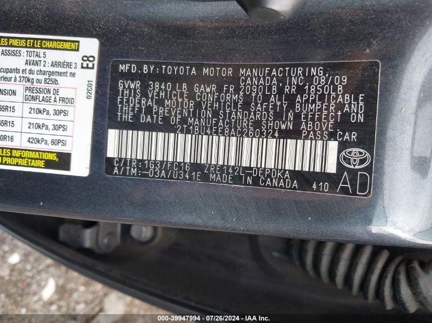 2010 Toyota Corolla Le/S/Xle VIN: 2T1BU4EE8AC260324 Lot: 39947994