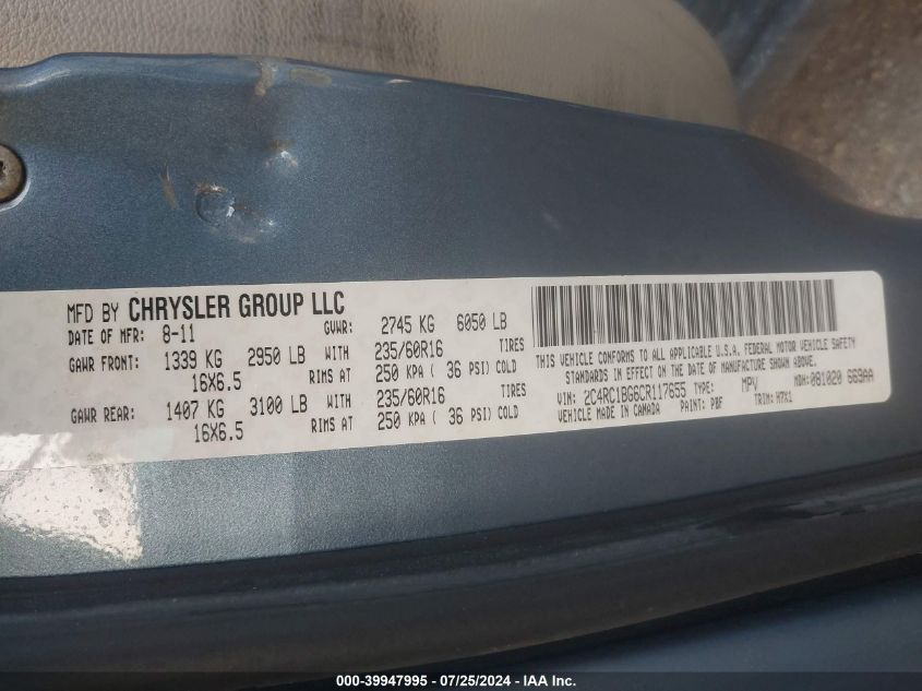 2012 Chrysler Town & Country Touring VIN: 2C4RC1BG6CR117655 Lot: 39947995