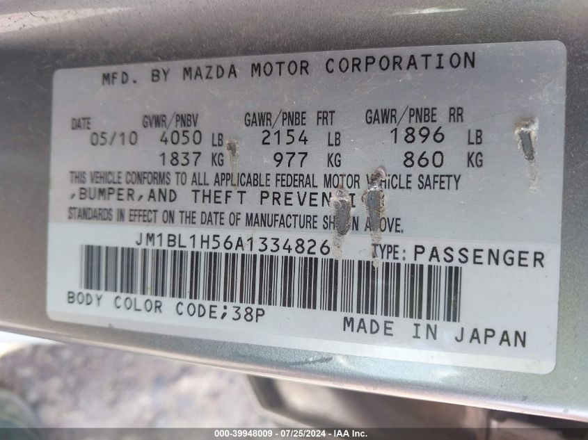 2010 Mazda Mazda3 S Grand Touring VIN: JM1BL1H56A1334826 Lot: 39948009