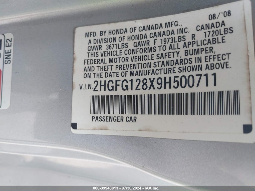 2009 Honda Civic Ex VIN: 2HGFG128X9H500711 Lot: 39948013