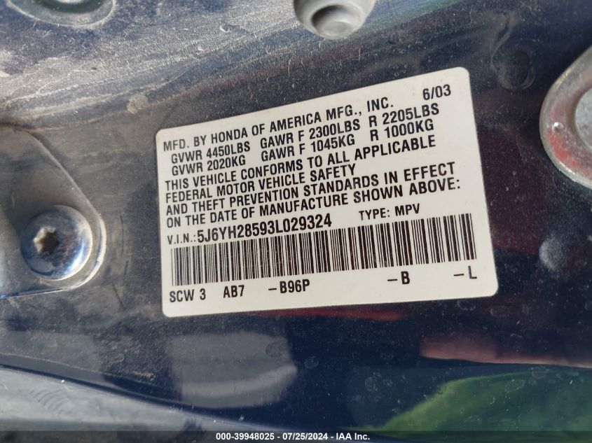 2003 Honda Element Ex VIN: 5J6YH28593L029324 Lot: 39948025