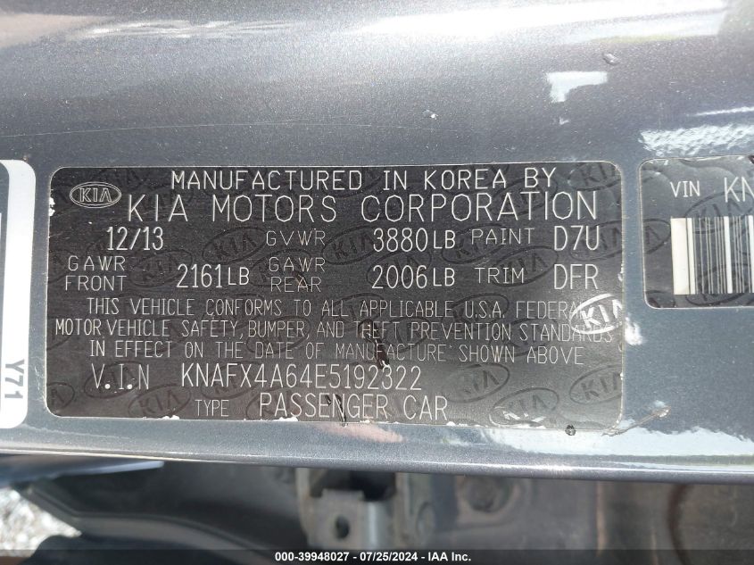 2014 Kia Forte Lx VIN: KNAFX4A64E5192322 Lot: 39948027