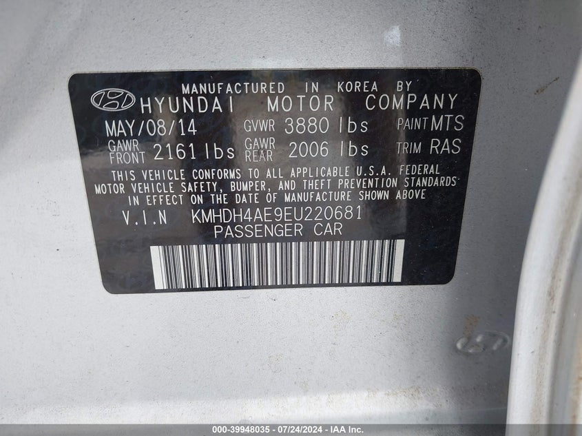 2014 Hyundai Elantra Se VIN: KMHDH4AE9EU220681 Lot: 39948035