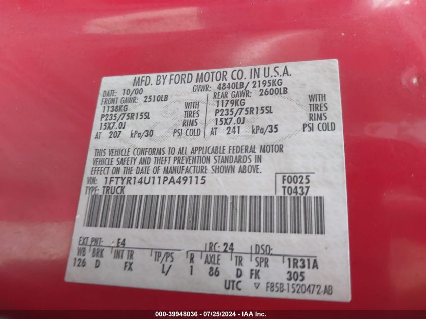 2001 Ford Ranger Edge/Xl/Xlt VIN: 1FTYR14U11PA49115 Lot: 39948036