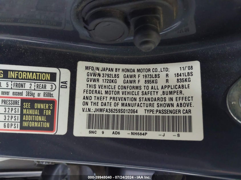 2009 Honda Civic Hybrid Hybrid VIN: JHMFA36259S012064 Lot: 39948040
