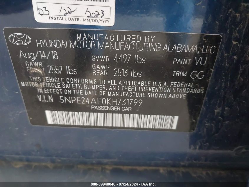 5NPE24AF0KH731799 2019 Hyundai Sonata Se