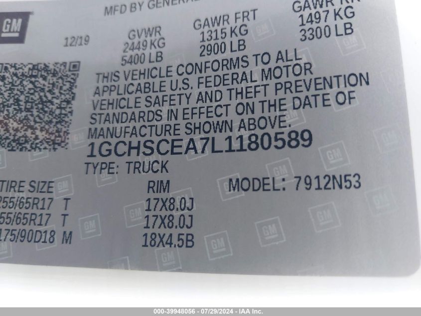 2020 Chevrolet Colorado 2Wd Long Box Lt VIN: 1GCHSCEA7L1180589 Lot: 39948056