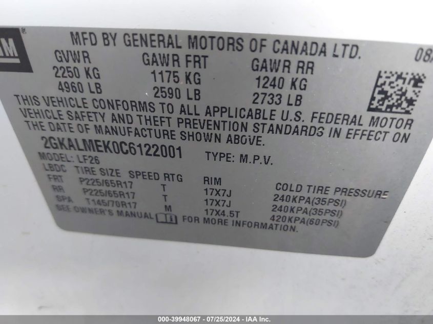 2012 GMC Terrain Sle VIN: 2GKALMEK0C6122001 Lot: 39948067