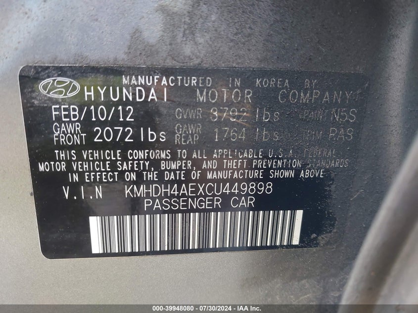 2012 Hyundai Elantra Limited (Ulsan Plant) VIN: KMHDH4AEXCU449898 Lot: 39948080