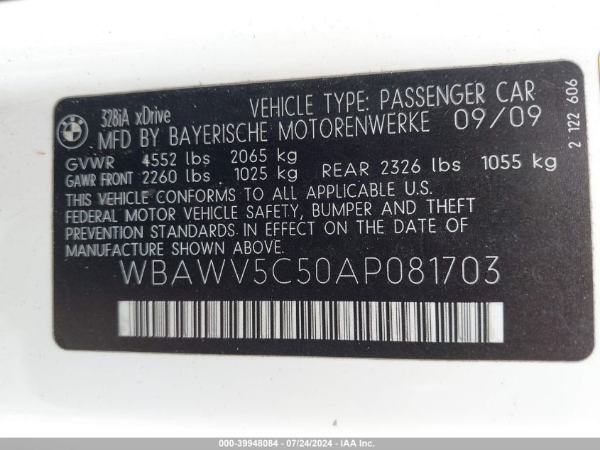 2010 BMW 328I xDrive VIN: WBAWV5C50AP081703 Lot: 39948084