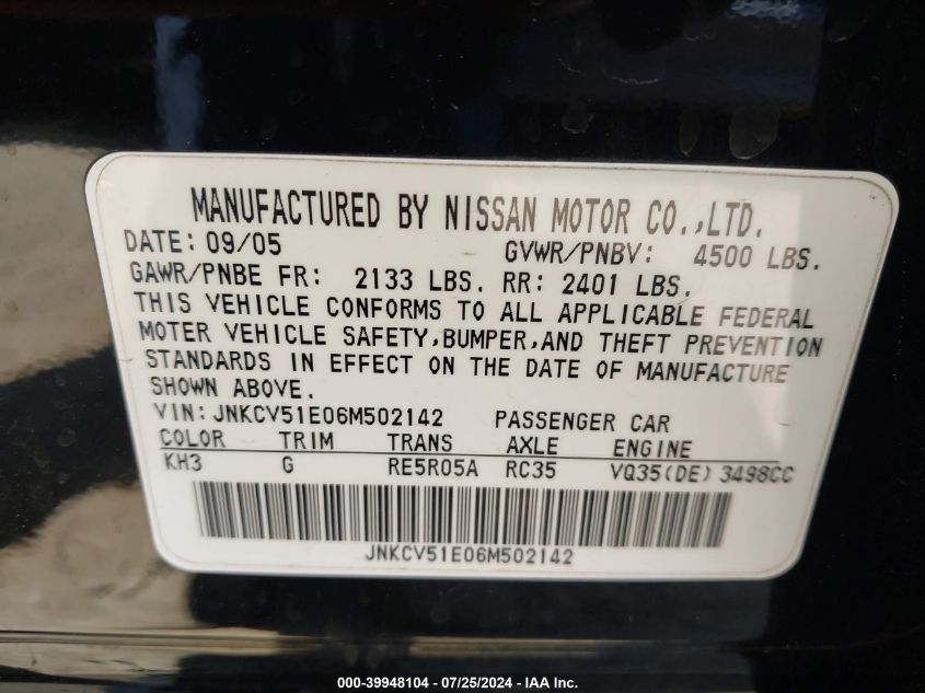 2006 Infiniti G35 VIN: JNKCV51E06M502142 Lot: 39948104