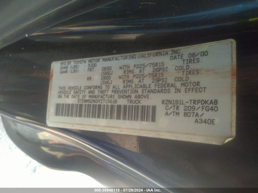 2000 Toyota Tacoma Prerunner VIN: 5TENM92N3YZ715616 Lot: 39948115