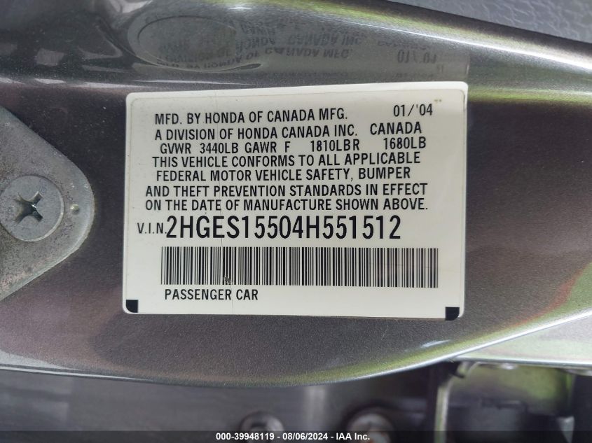 2004 Honda Civic Lx VIN: 2HGES15504H551512 Lot: 39948119