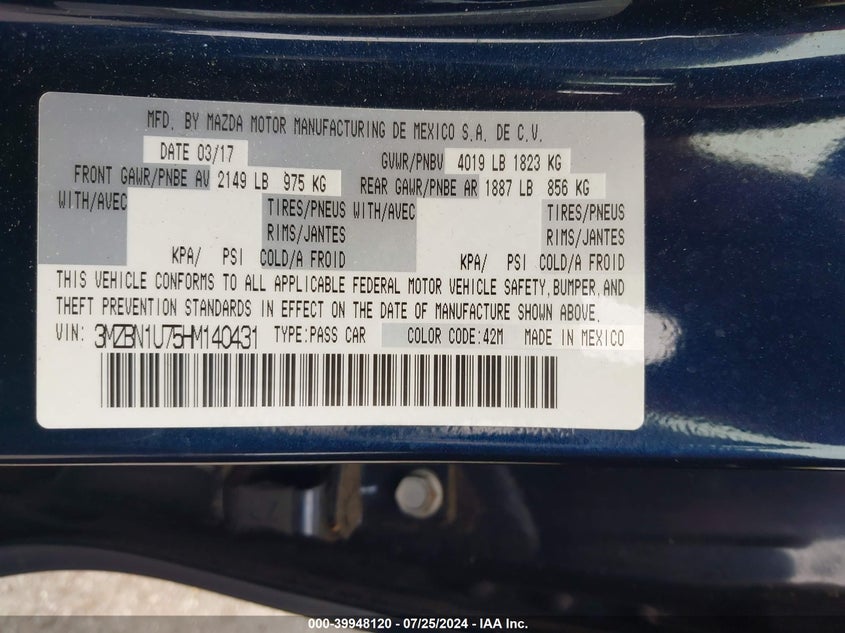 2017 Mazda Mazda3 Sport VIN: 3MZBN1U75HM140431 Lot: 39948120