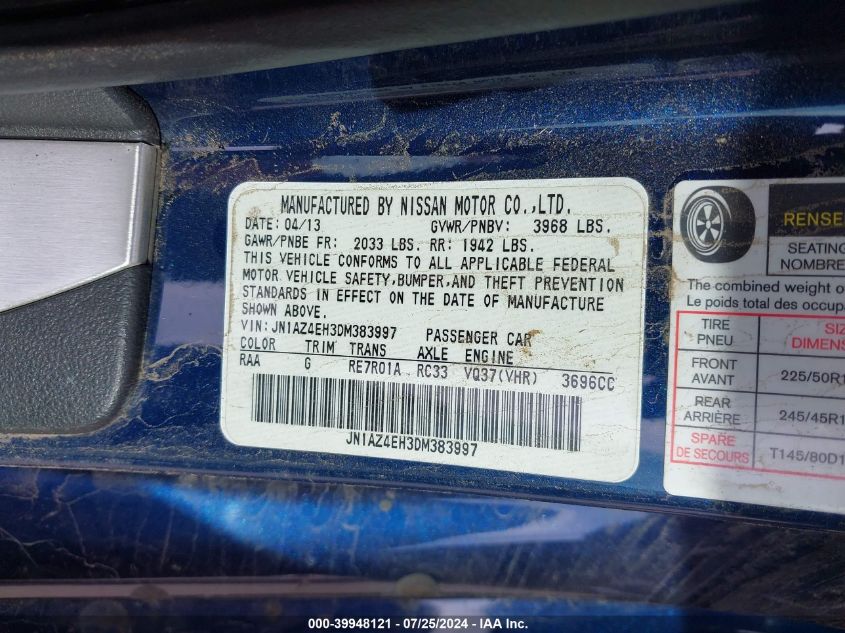 2013 Nissan 370Z Touring/Nismo VIN: JN1AZ4EH3DM383997 Lot: 39948121