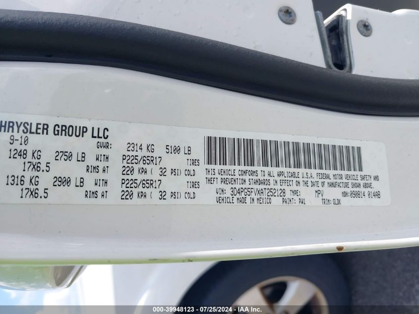 2010 Dodge Journey Sxt VIN: 3D4PG5FVXAT252128 Lot: 39948123