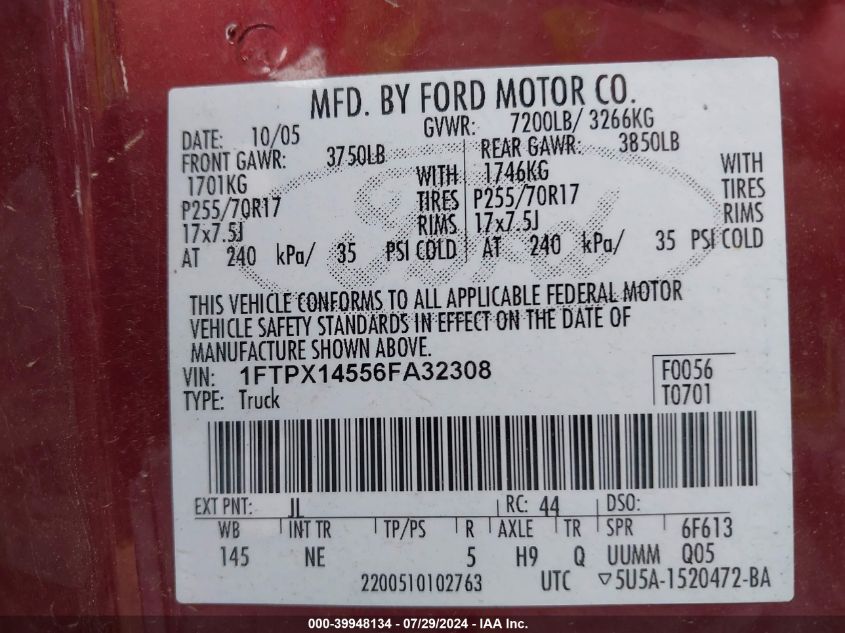 2006 Ford F150 VIN: 1FTPX14556FA32308 Lot: 39948134