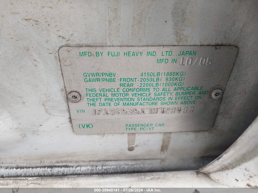 2007 Subaru Forester 2.5X VIN: JF1SG63617H728483 Lot: 39948141