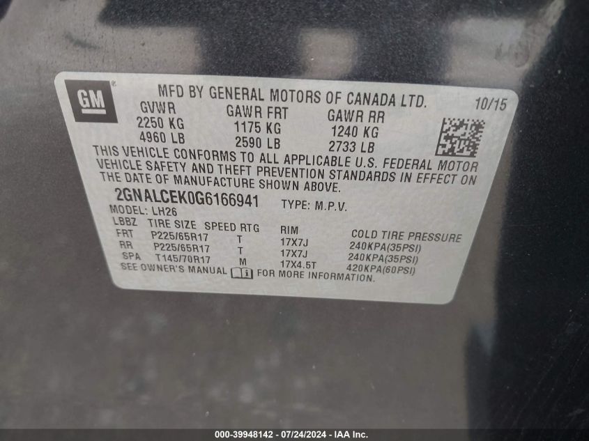 2GNALCEK0G6166941 2016 Chevrolet Equinox Lt