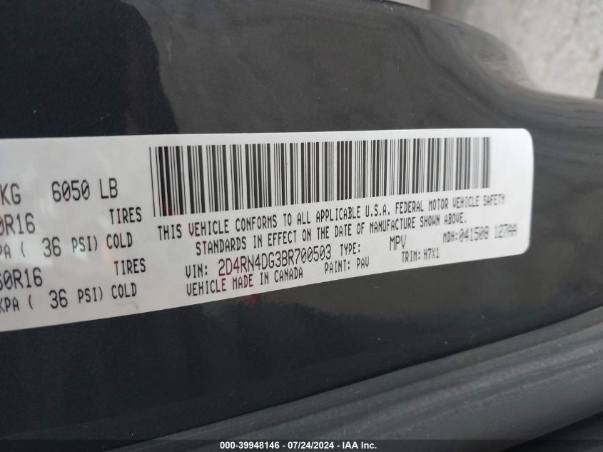 2011 Dodge Grand Caravan Express VIN: 2D4RN4DG3BR700503 Lot: 39948146