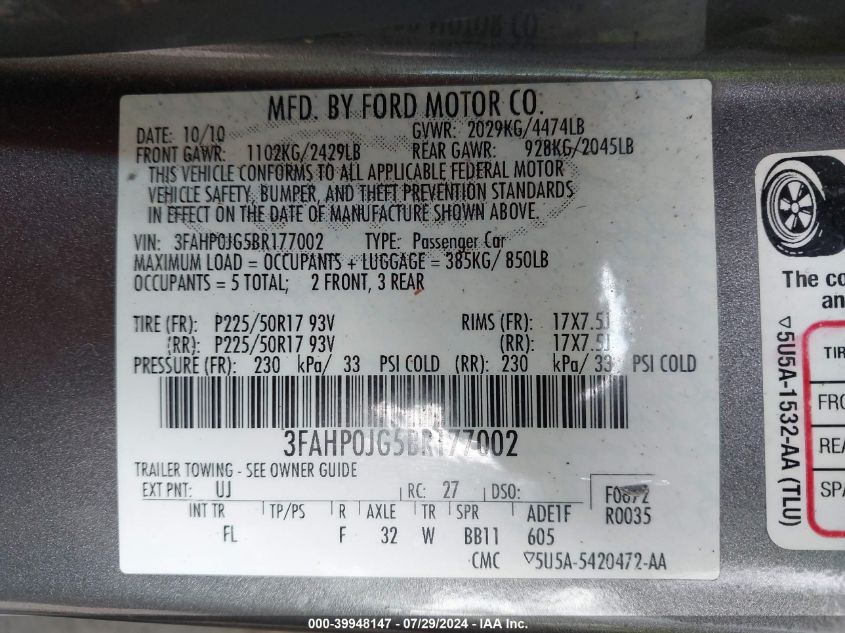 2011 Ford Fusion Sel VIN: 3FAHP0JG5BR177002 Lot: 39948147