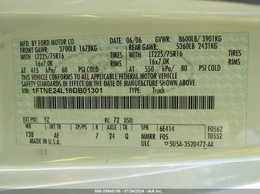 2006 Ford E-250 Commercial/Recreational VIN: 1FTNE24L16DB01301 Lot: 39948158