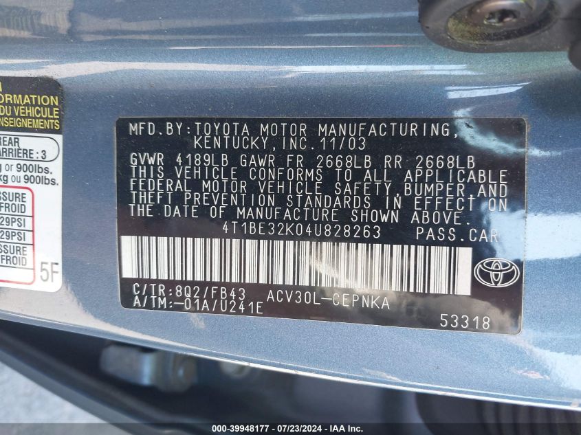 2004 Toyota Camry Le VIN: 4T1BE32K04U828263 Lot: 39948177